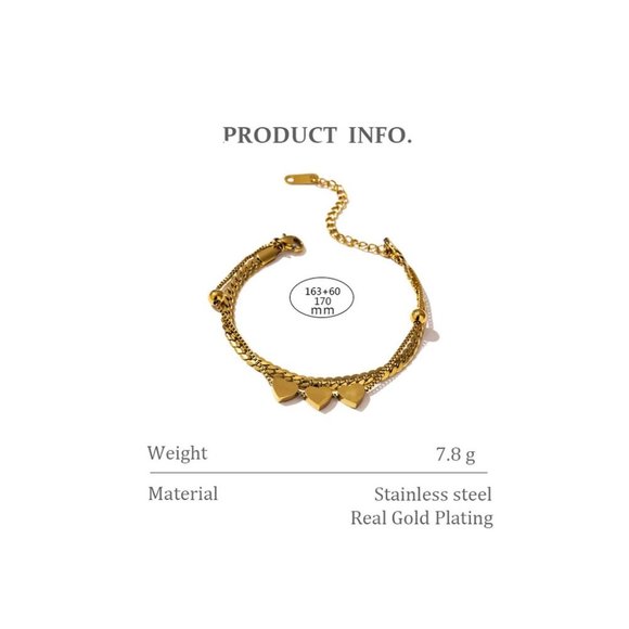 NEW 18K Gold Plated Triple Heart Double Layer Chain Bead Bracelet - Picture 5 of 5